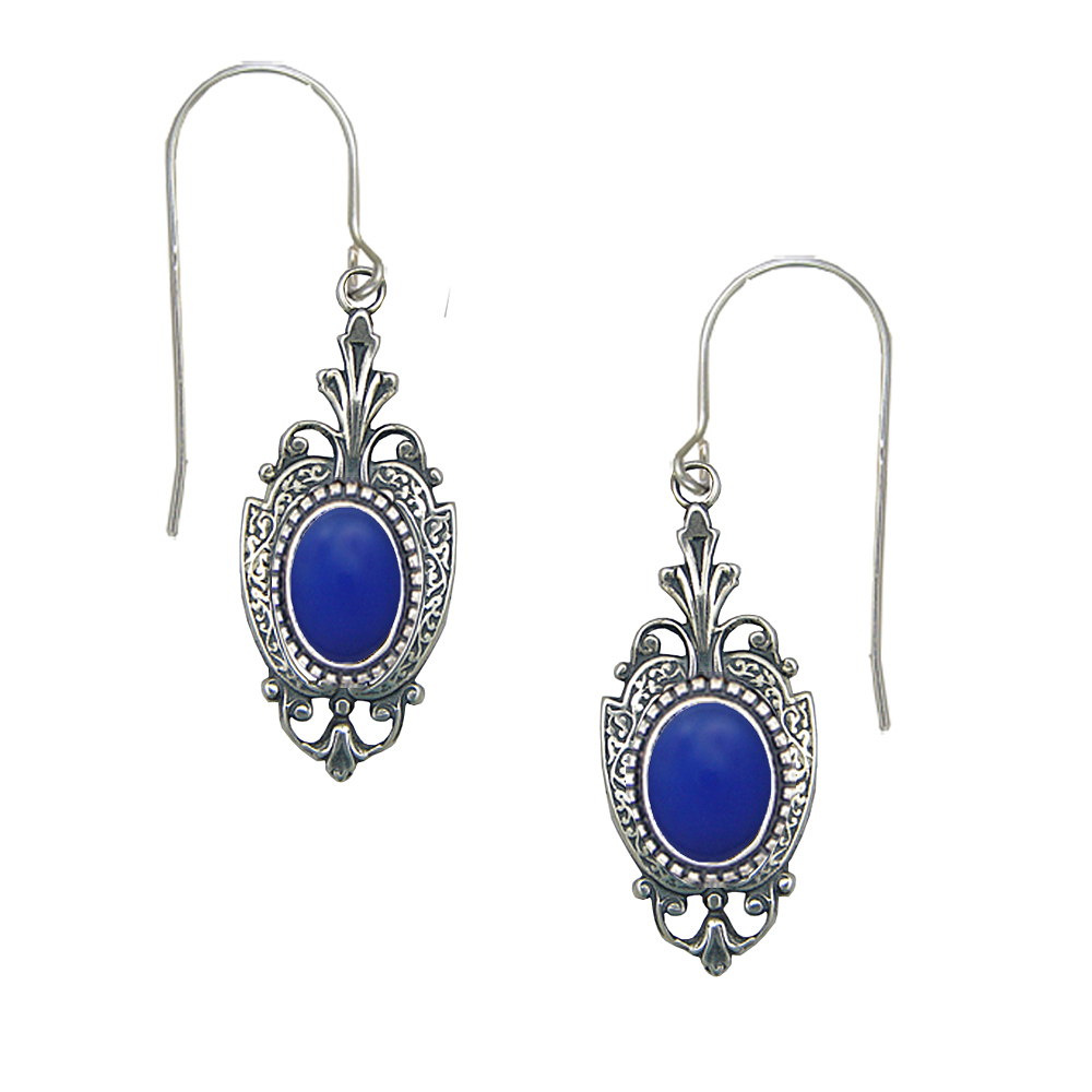 Sterling Silver Victorian Drop Dangle Earrings With Blue Onyx